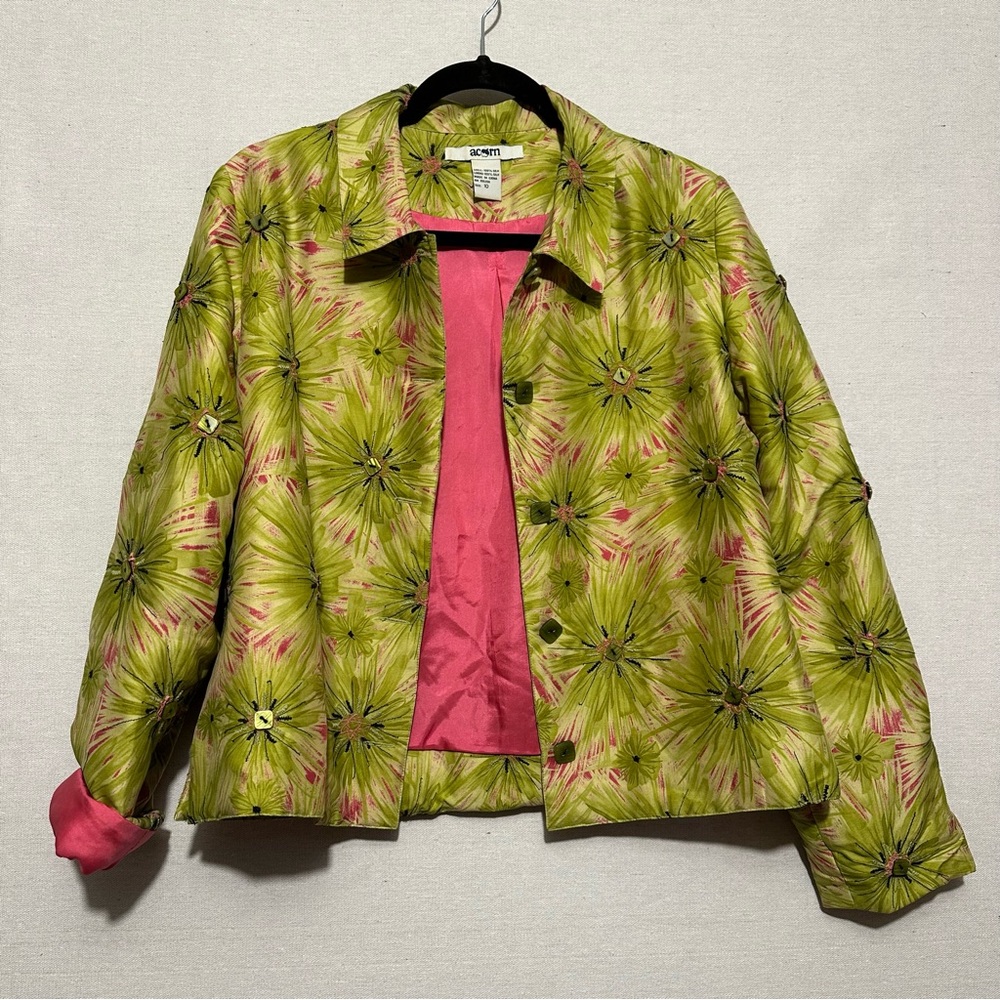 Women's Green and Pink Floral Silk Jacket